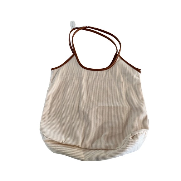 Handbags - Cream Corduroy Tote Bag Brown Trim Zipper Closure Shoulder Bag Slouchy Hobo
